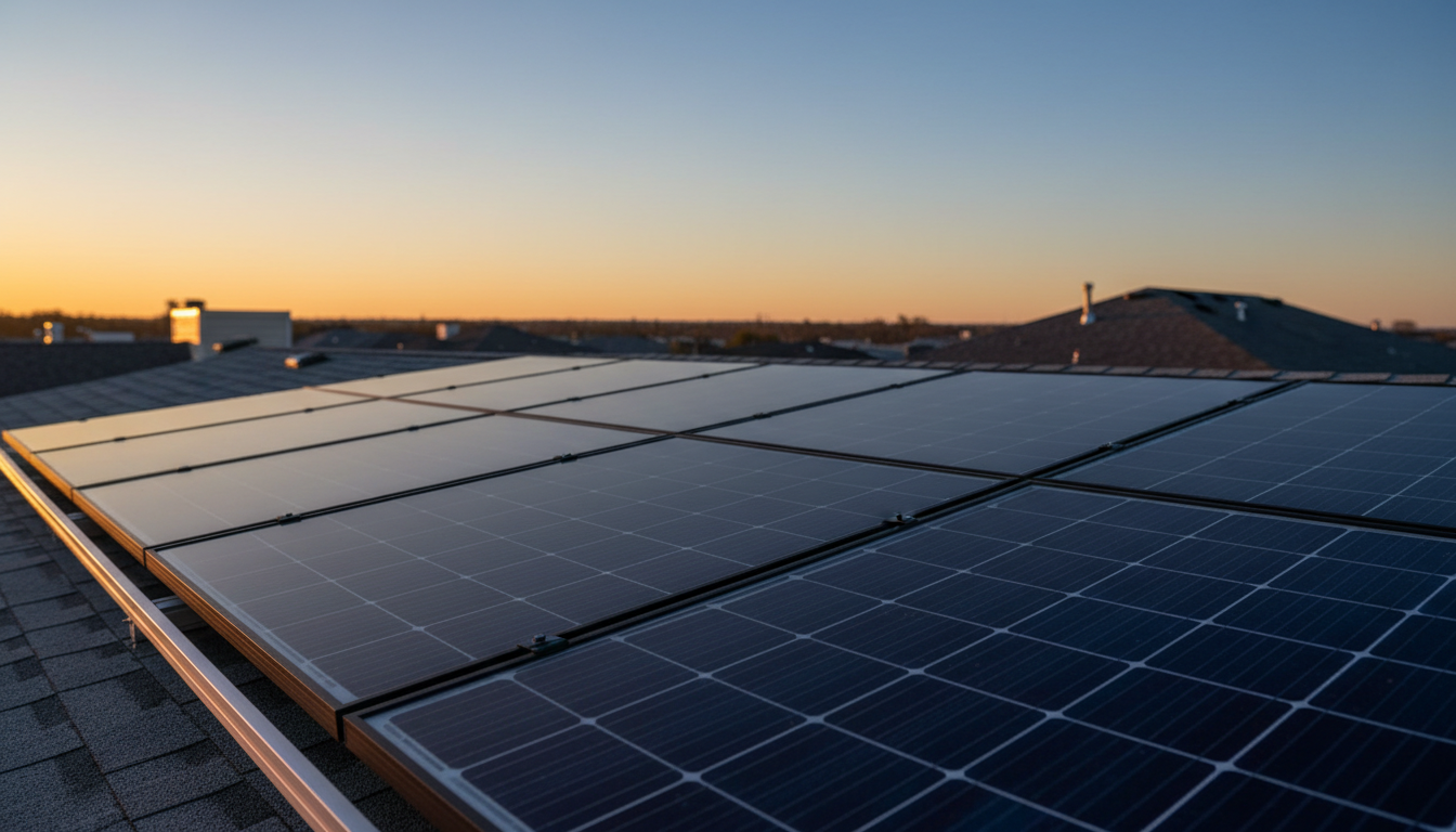 Sunlight raking across a dark solar panel surface at a shallow angle so the cell grid reads as texture.