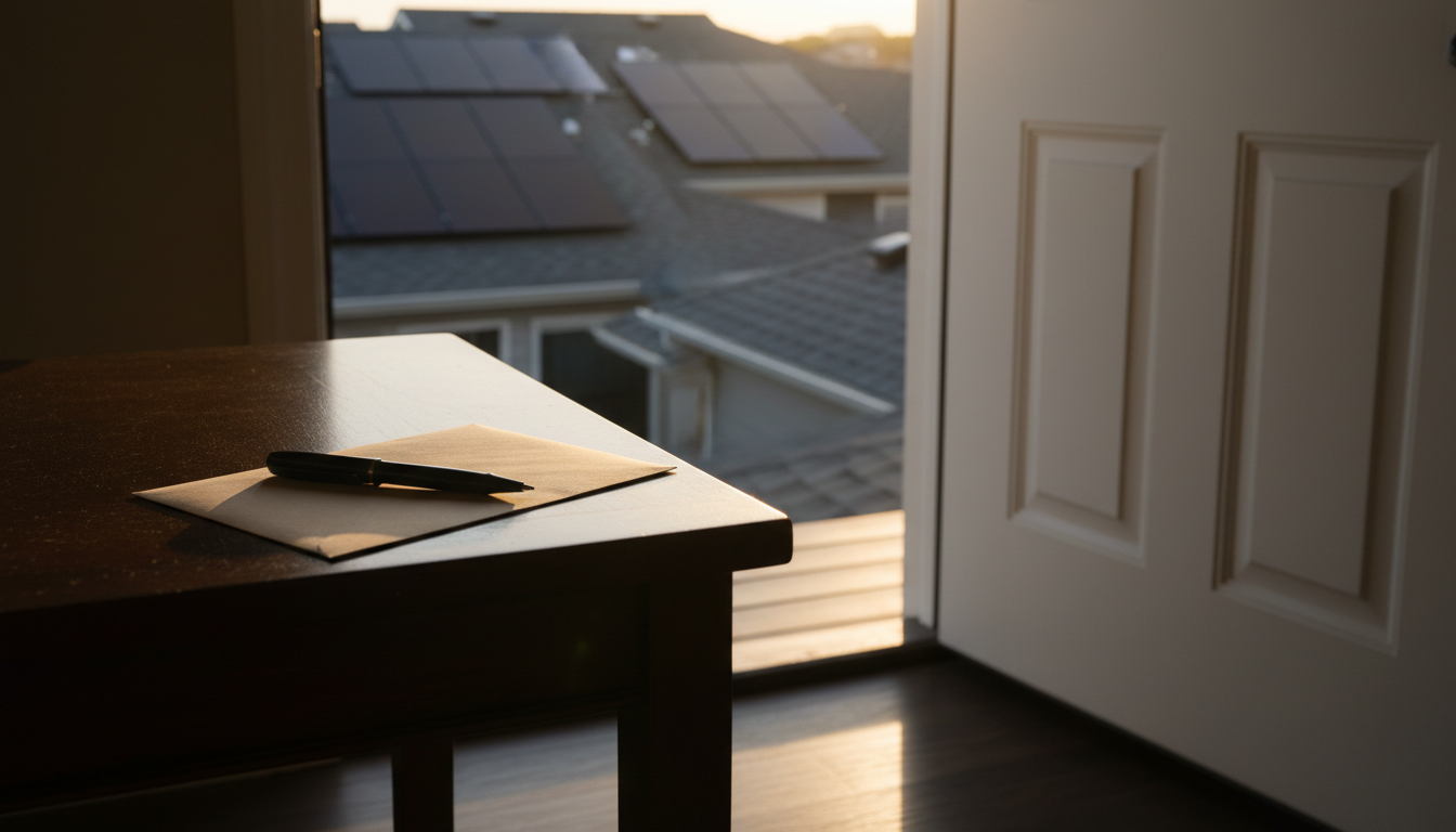 A plain unmarked envelope and a pen on a hall table beside a front door with daylight behind it.