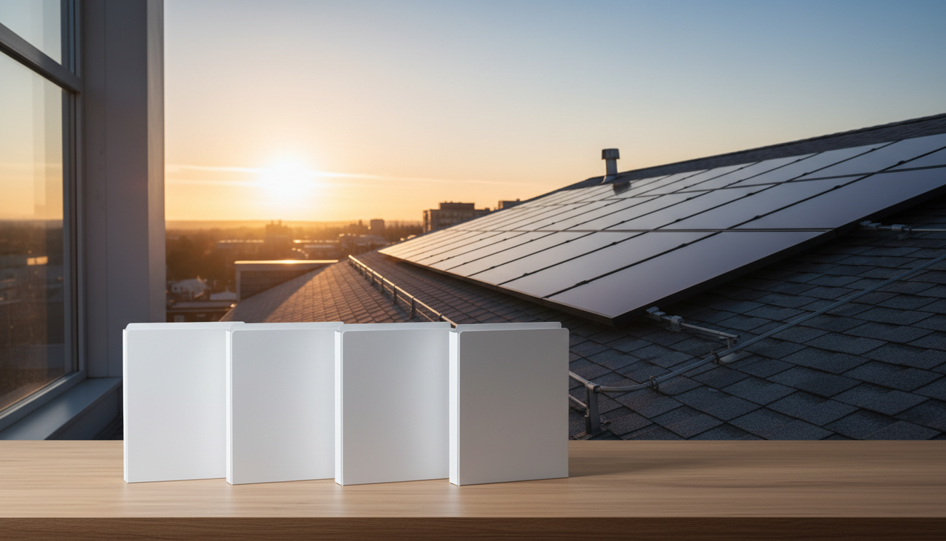Four blank white paper folders laid in a row on a plain table in flat daylight.