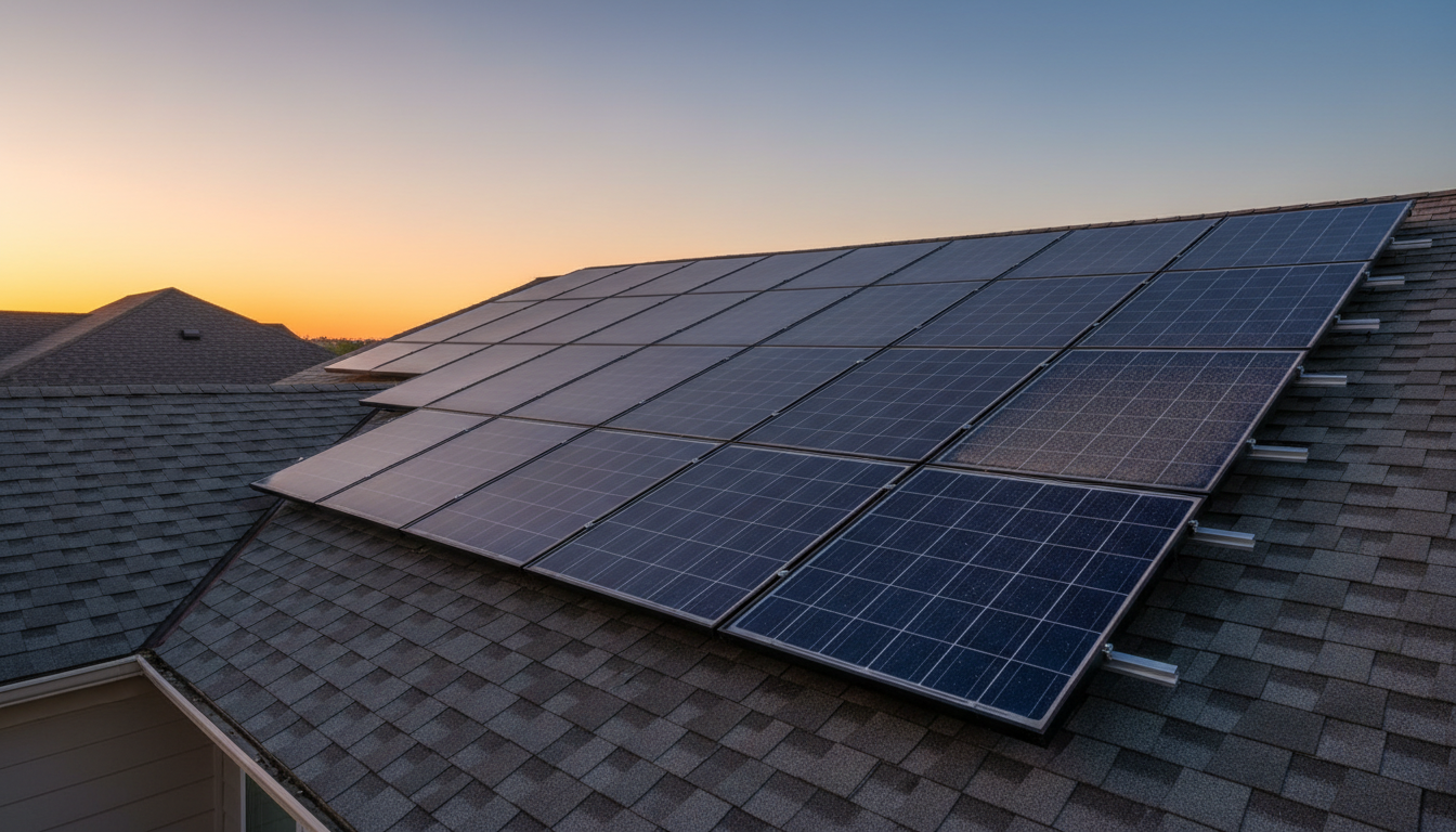 A residential rooftop solar array photographed in flat overcast light, one panel dusty and slightly out of alignment.