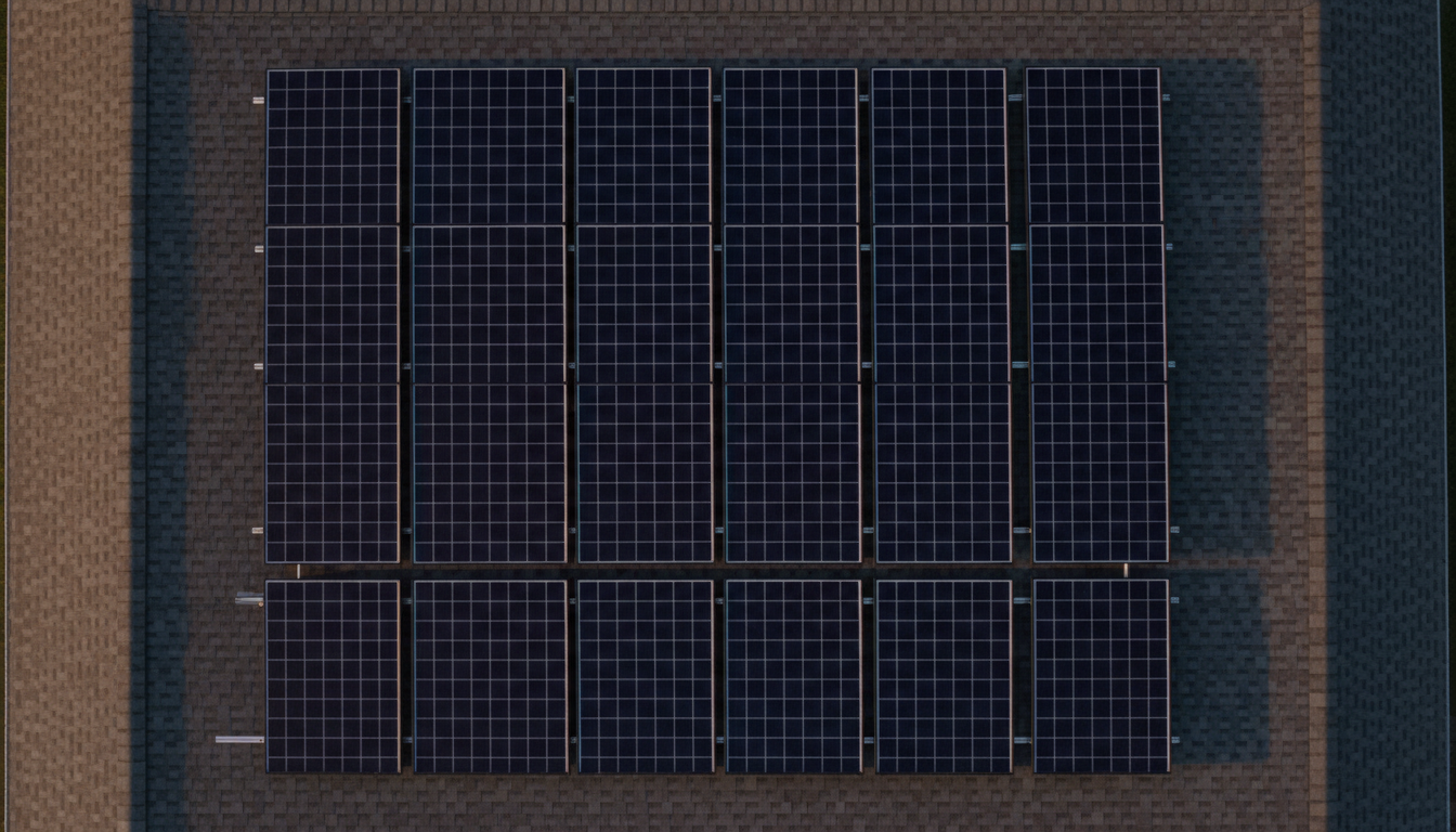 A neat grid of dark solar panels on a plain shingle roof seen straight down from above.