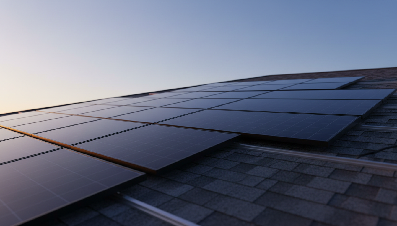 A low-angle view along a residential roof of dark solar panels catching the last warm light.