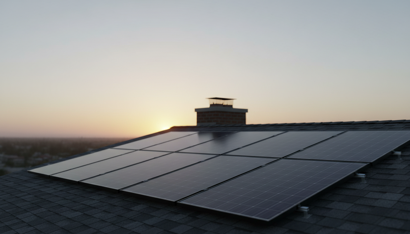 A residential rooftop solar array photographed in flat overcast light, one panel dusty and slightly out of alignment.