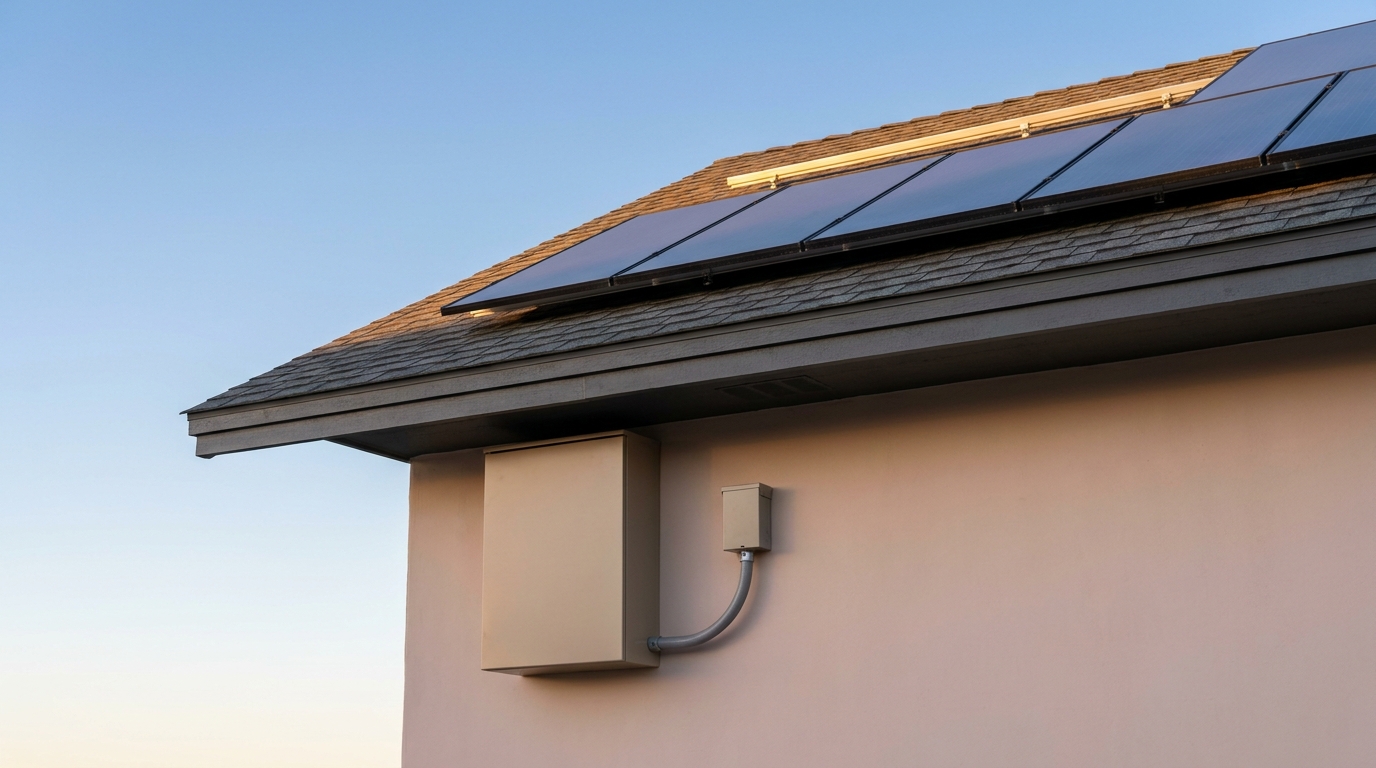 A wall-mounted home battery cabinet and a conduit run on a garage side wall below the eave, rooftop solar panels visible above in late warm light.