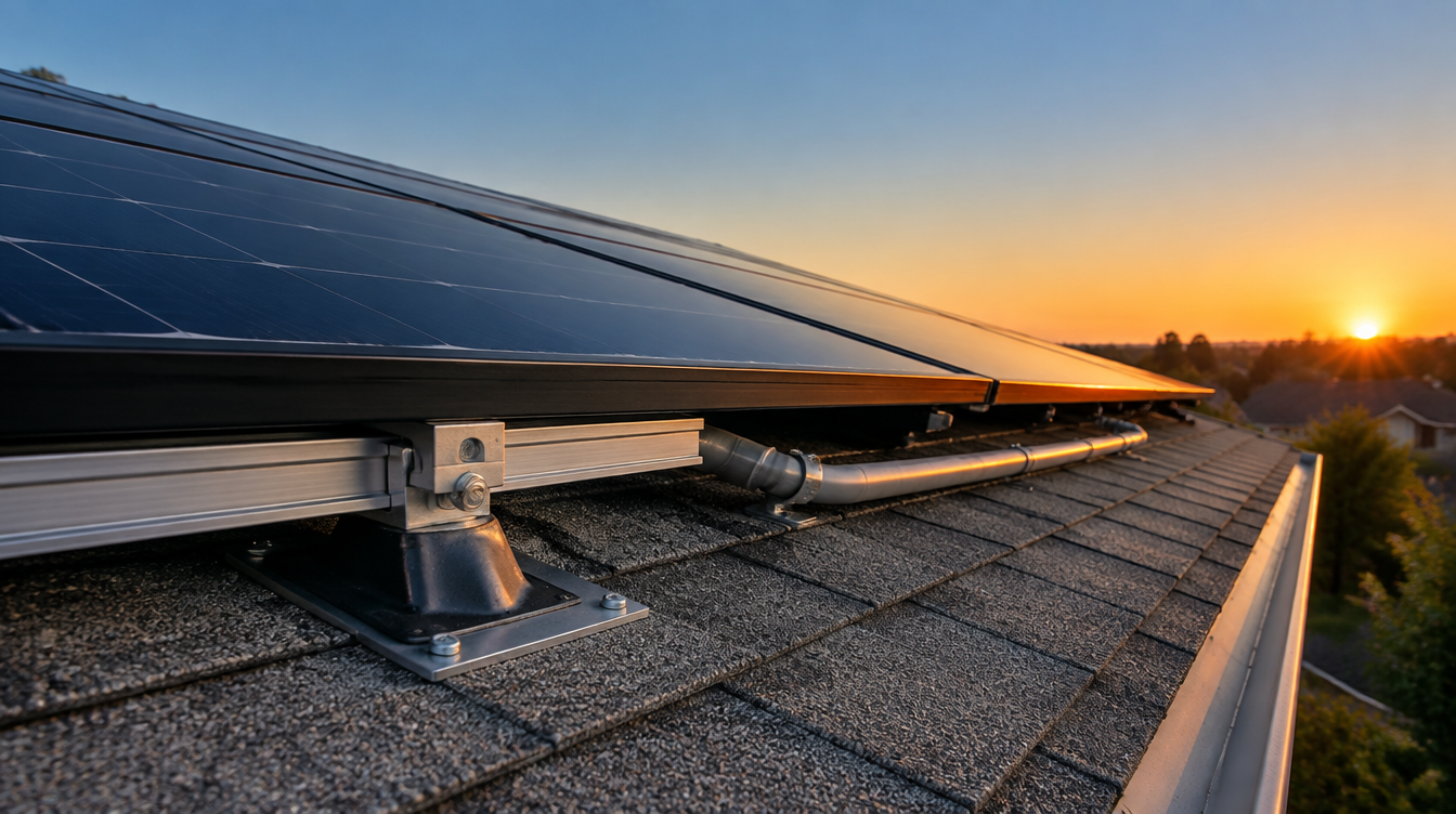 The edge of a residential rooftop solar array: aluminium rail and roof attachments on grey shingle, dark panel glass above in late warm light.