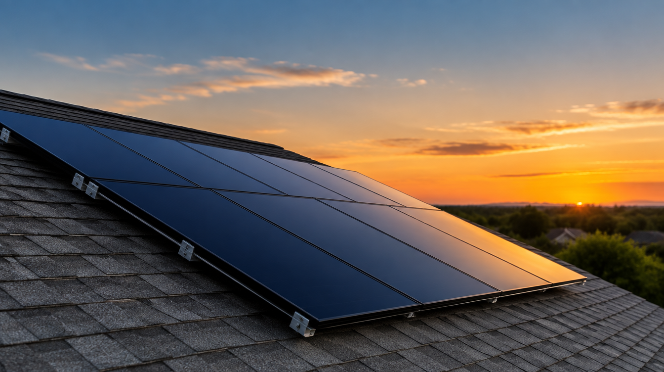 A residential roof array of dark panels seen at a low angle against an evening sky, no markings or manufacturer labels.