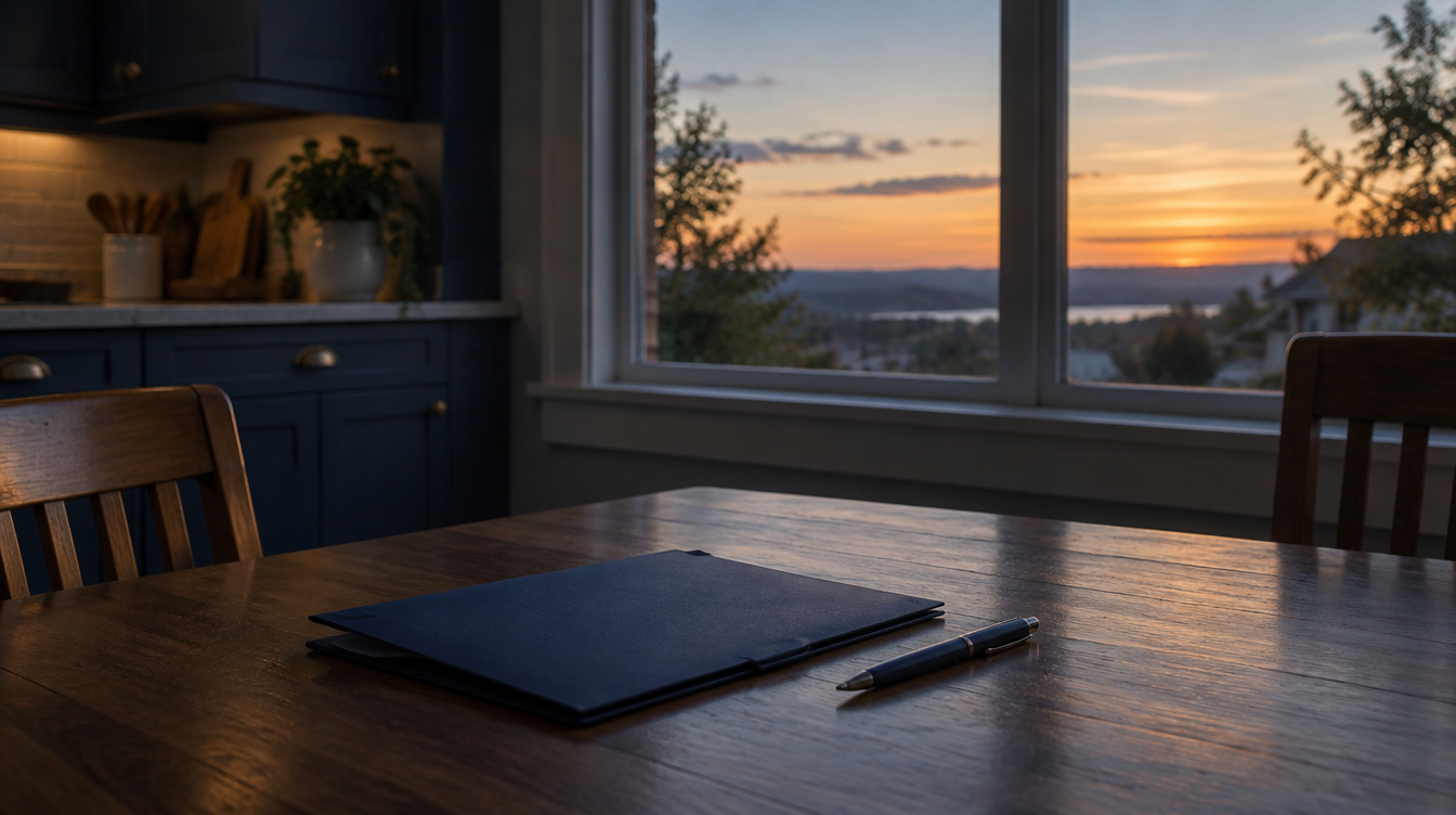 An empty kitchen table by a window at dusk with a closed folder and a pen.
