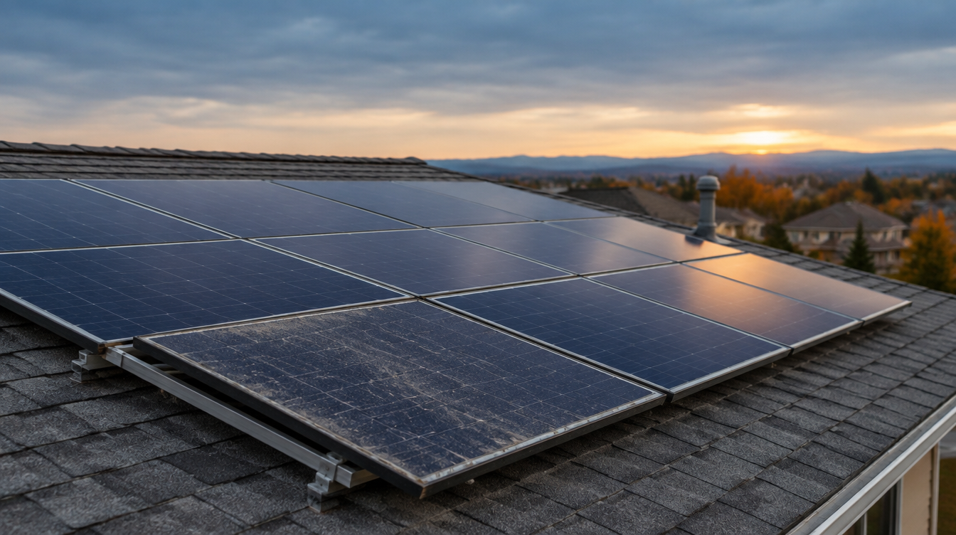 A residential roof array photographed in flat overcast light, one panel dusty and slightly out of line with the rest.