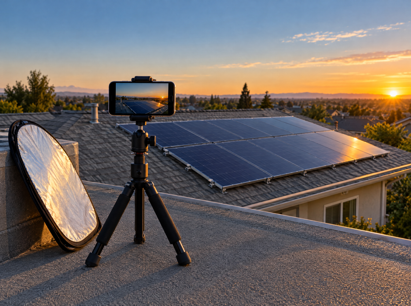 A phone on a small tripod on a flat garage roof, framing rows of panels on the house roof beyond at low sun.