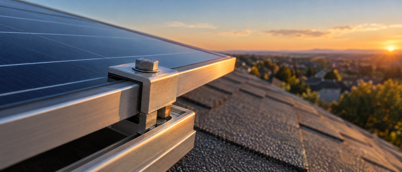 A close-up of an aluminium mid-clamp bolted to a solar mounting rail at the edge of a panel.