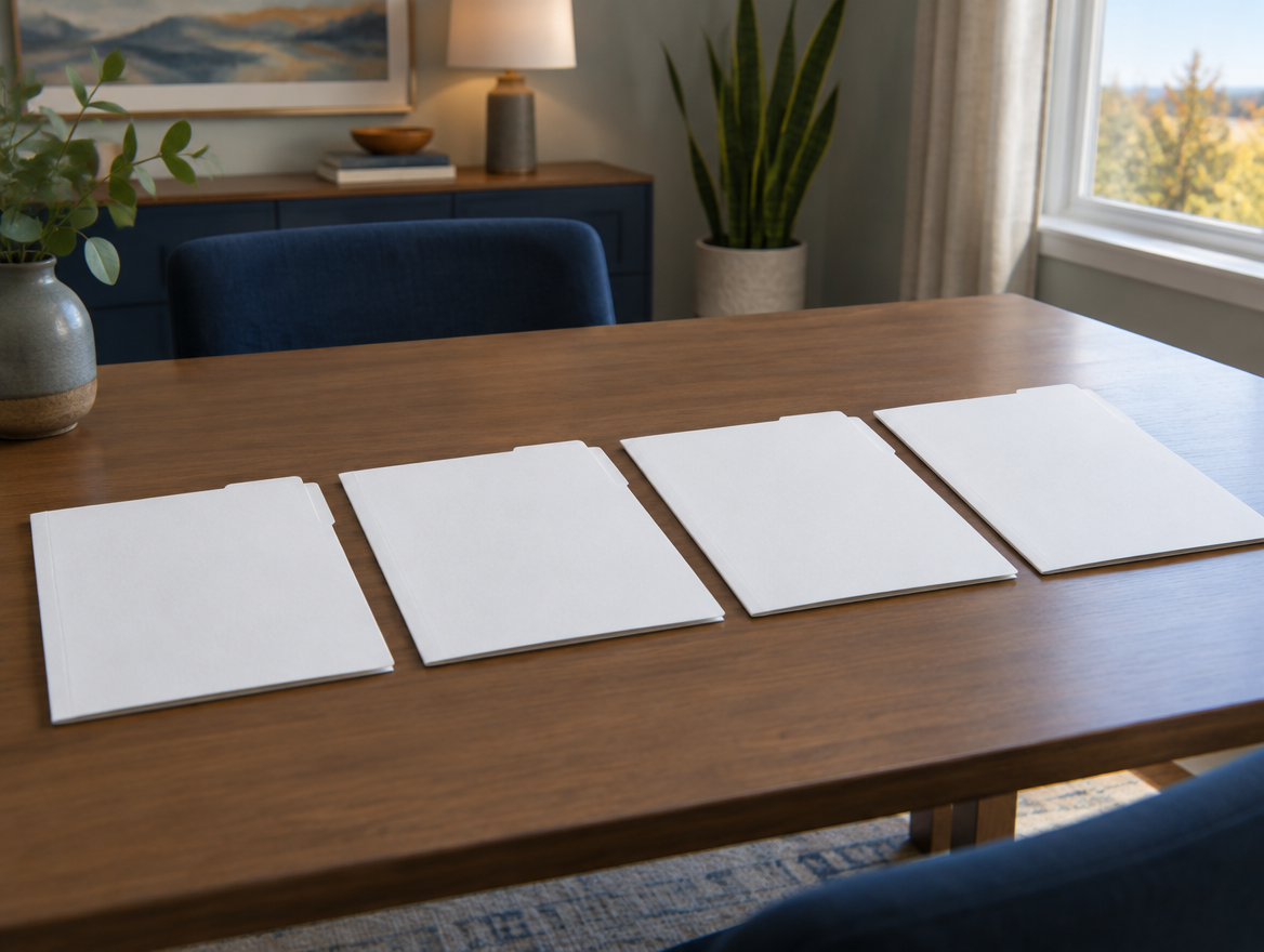 Four blank white paper folders laid in a row on a plain table in flat daylight.