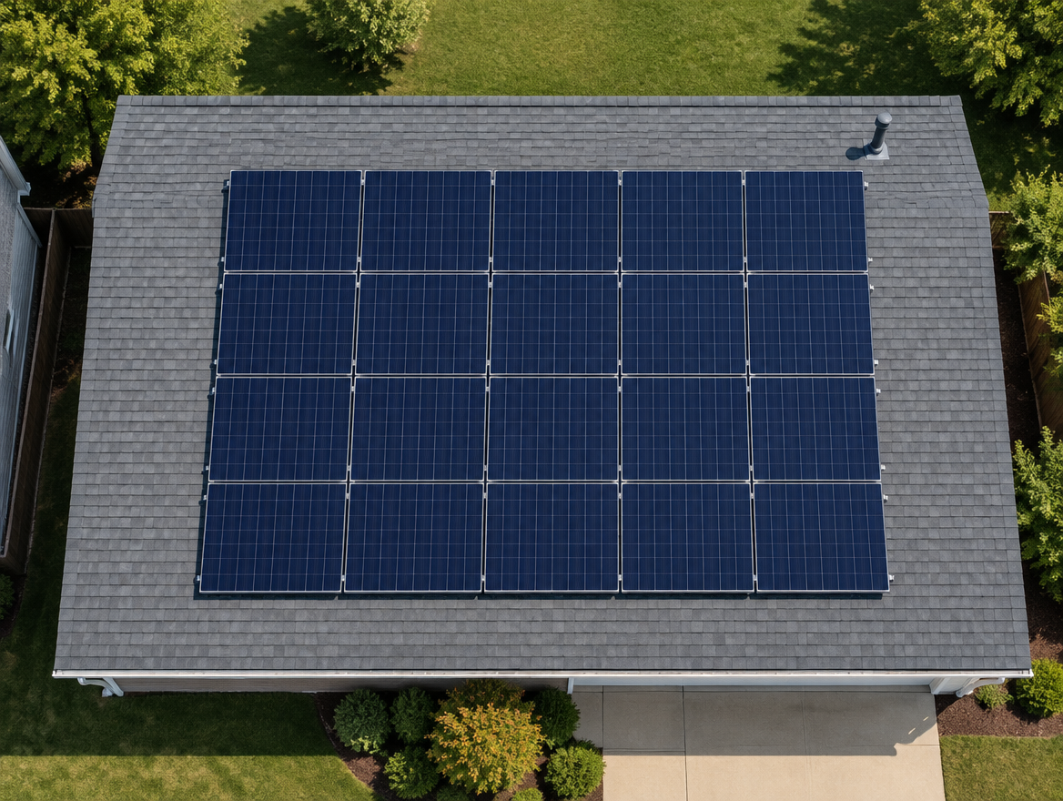 A neat grid of dark panels on a plain shingle roof seen straight down from above.