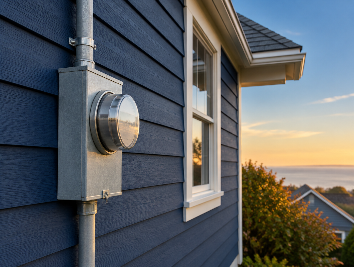 A residential electricity meter on a clapboard wall, dial face turned away and unreadable.