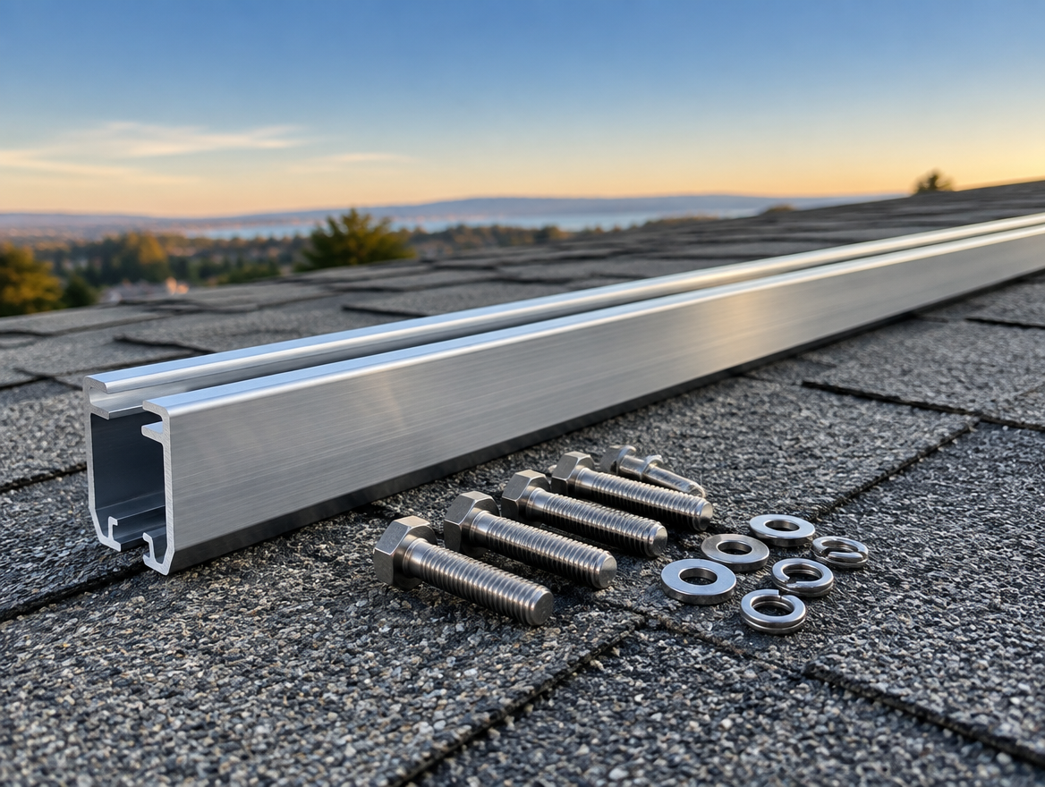 Aluminium mounting rail and stainless bolts laid out on grey shingle.