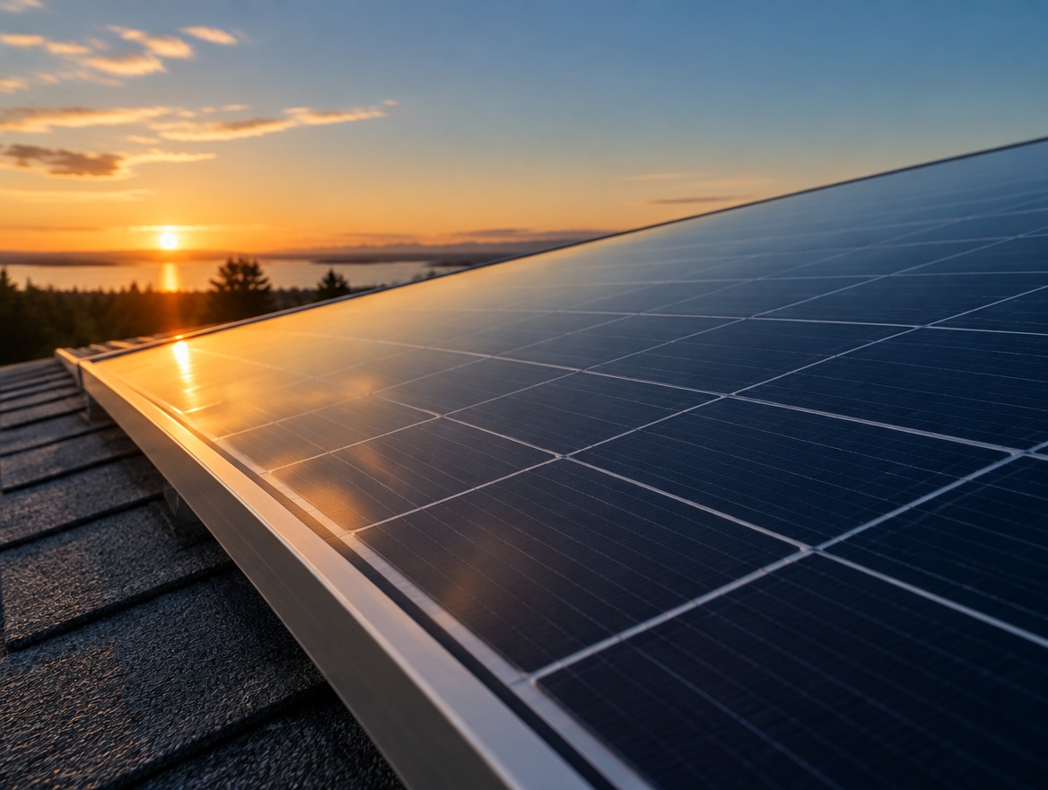 Sunlight raking across a dark panel surface at a shallow angle so the cell grid reads as texture.