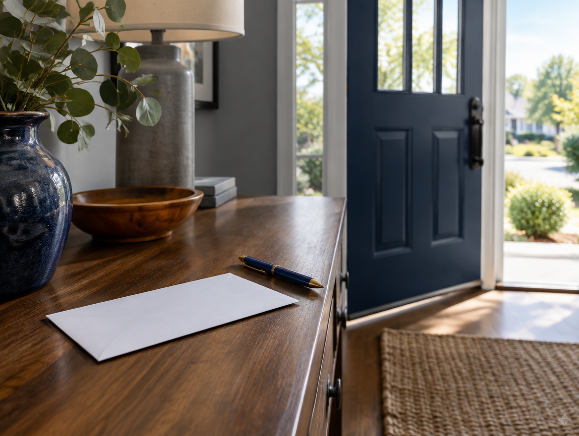 A plain unmarked envelope and a pen on a hall table beside a front door with daylight behind it.